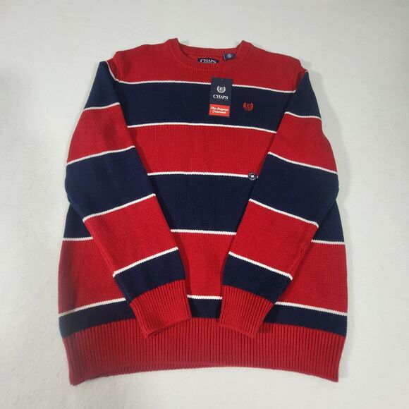 Men's Chaps Classic-Fit Crewneck Sweater Red/Navy Blue Stripe Size M NWT - Picture 1 of 7
